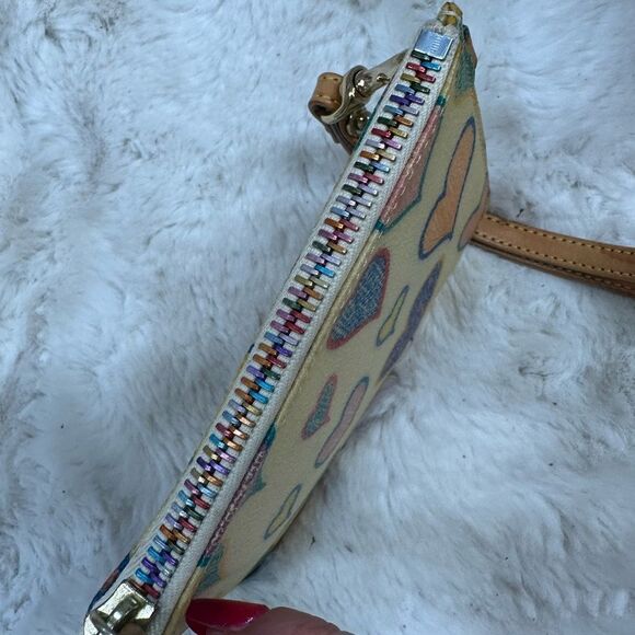Dooney & Bourke Yellow With Colored Heart Print Key Holder Wristlet - Picture 4 of 8